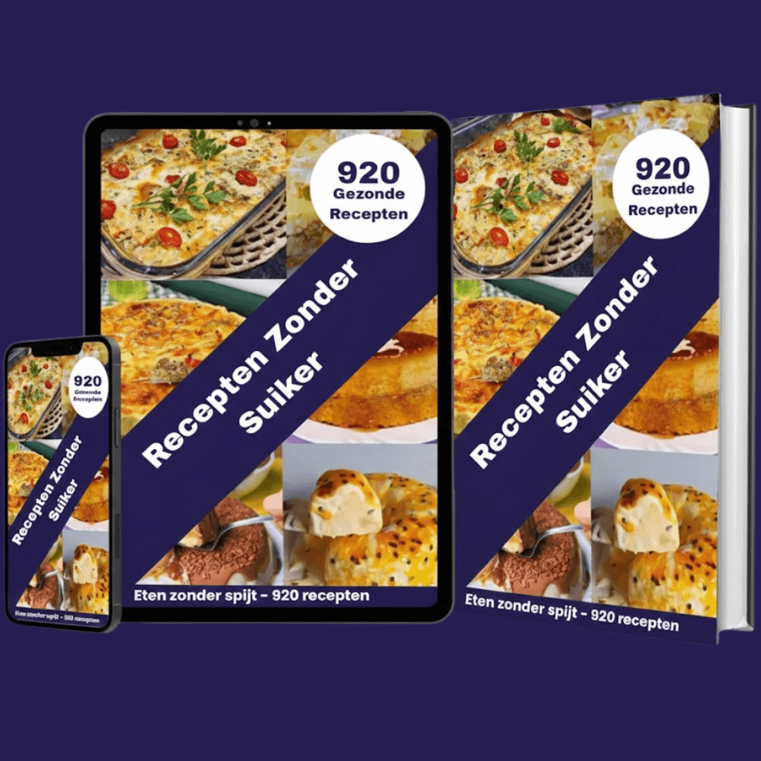 920 Gezonde Recepten - Recepten Zonder Suiker boek mockup op telefoon, tablet en fysiek boek